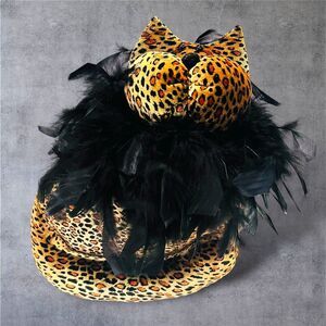 12" Snickerdoodles Plush Velvet Cat Leopard Pillow With A Black Feather Boa
